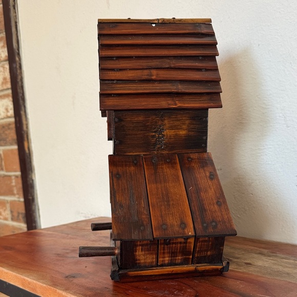 Handmade Rustic Stained Wooden Birdhouse With Tray Three Hole - Picture 3 of 13